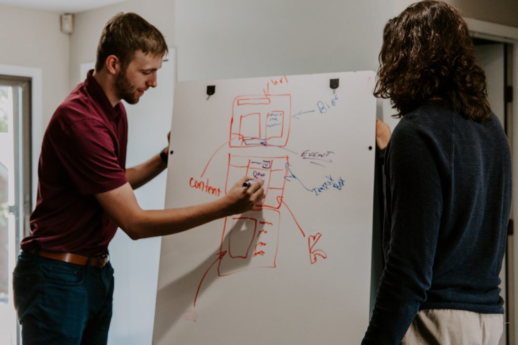 White man and woman on the drawing board